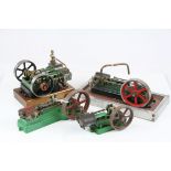 Four Stuart Stationary horizontal engines including twin cylinder example, two on wooden bases, 6" t