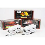 Three boxed Scalextric slot cars to include C238 Motorbike & Sidecar Racing Red (damage to box