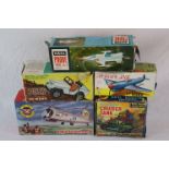 Five boxed plastic toys, some remote control, to include Marx Hill Climbing Jeep, Marx Camouflaged