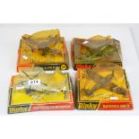 Four boxed Dinky military diecast model planes to include 741 Spitfire Mk II, 722 Hawker Harrier,