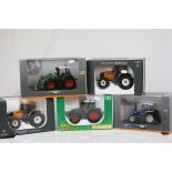 Five boxed diecast 1:32 scale Universal Hobbies tractors, to include Renault Atles 935 RZ x 2, Fendt