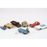 Six Dinky diecast models to include Dublo Austin Taxi, 23F Alfa Romeo, 14A BEV Truck, Austin,