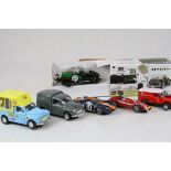 Six slot cars to include 4 x custom examples (Royal Mail Van, Walls Ice Cream Van, Hovis Van &1934