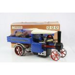 Boxed Mamod steam wagon in blue, excellent condition, appearing unused, plus 15 custom made barrel