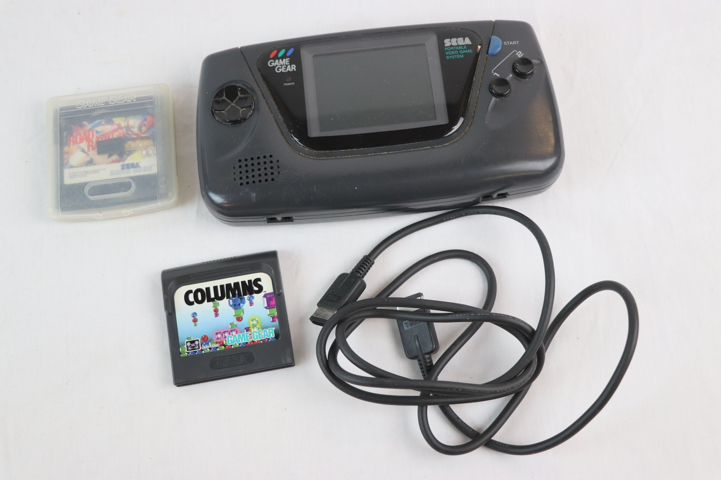 Sega Game Gear console with 2 x game cartridges to include Columbus and cased Road Rash