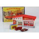 Boxed Matchbox G10 Fire Station Set in vg condition plus a boxed Matchbox Lesney 57 Land Rover