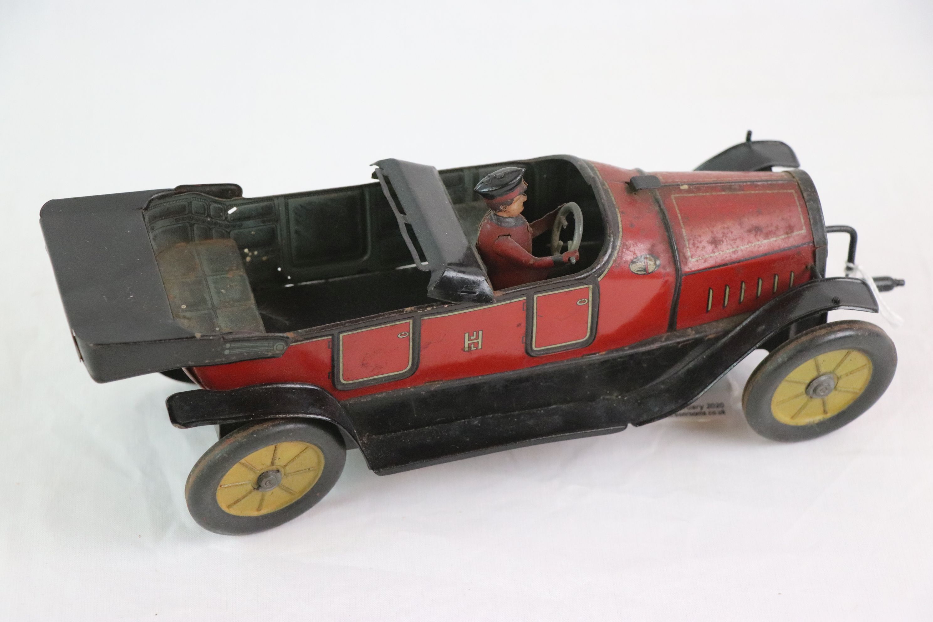 Early-mid 20th C HJL tin plate car with driver, in red with black, gd overall condition - Image 2 of 5