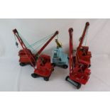 Five Tri-ang model metal cranes to include 4 x 4 ton Jones mobile crane K.L 44 in red and RAF