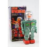 Boxed green plastic Mego Lunar Spaceman no. 190, battery operated, box shows sign of wear, model