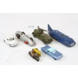 Six vintage play worn diecast models to include Dinky AA Sidecar, Dinky 23E Speed of the Wind,