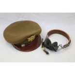 A World War Two Period Officers Visor Cap With Gilt Metal Officers Cap Badge & Brown Leather