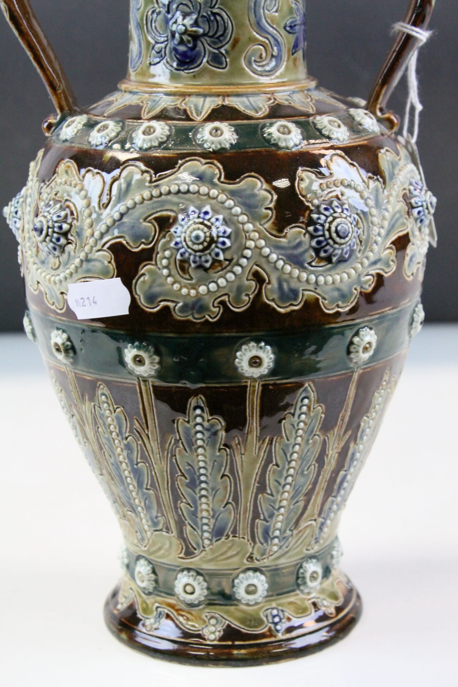 Doulton Lambeth Glazed twin handled Stoneware vase 1874 with incised & applied Floral decoration, - Image 2 of 9