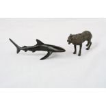 Cold painted Bronze model of a Wolf, approx 10cm long plus another Bronze model of a Shark