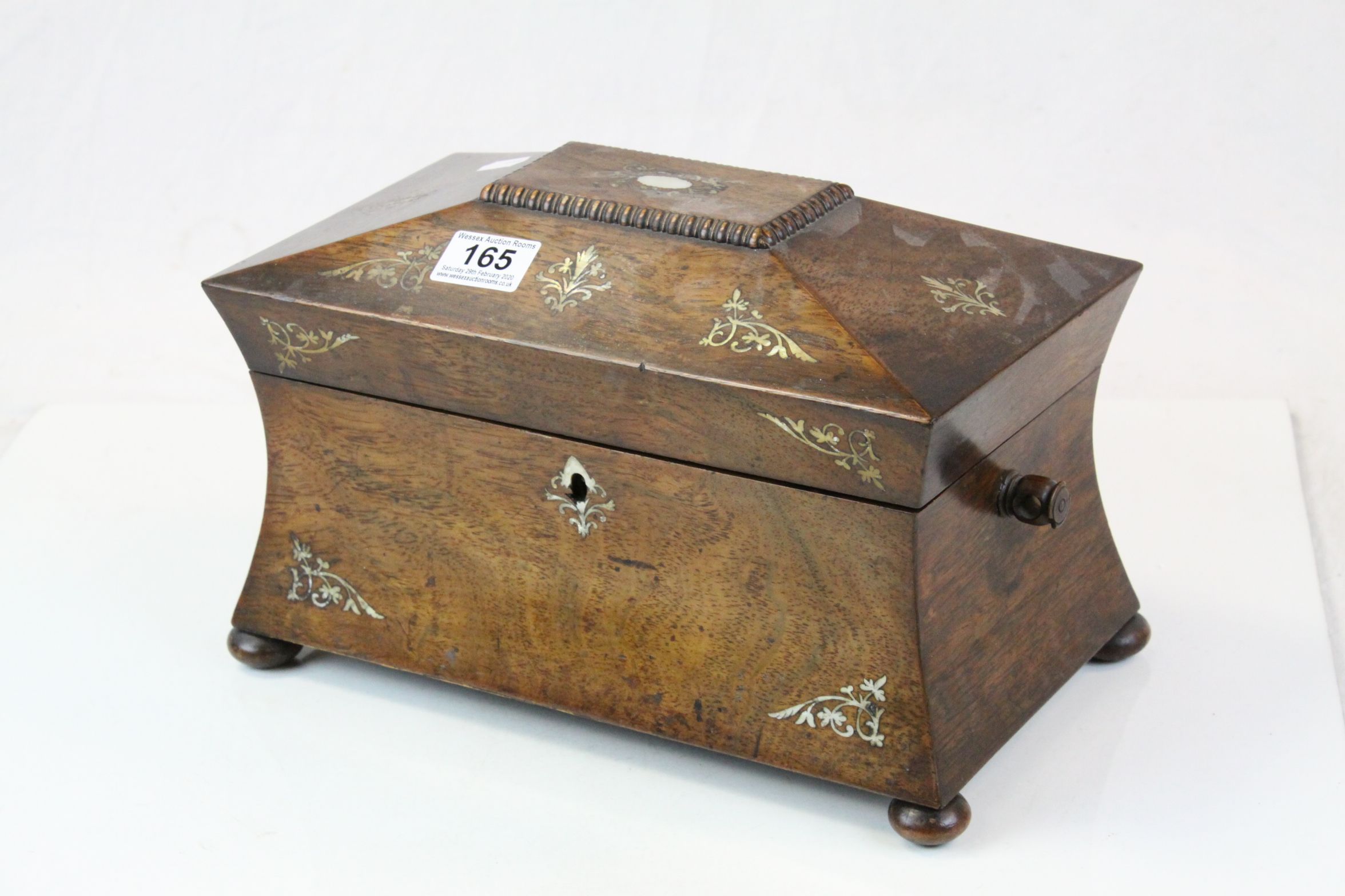 Sarcophagus style Rosewood twin compartment Tea Caddy with Mother of Pearl inlay & on bun feet,