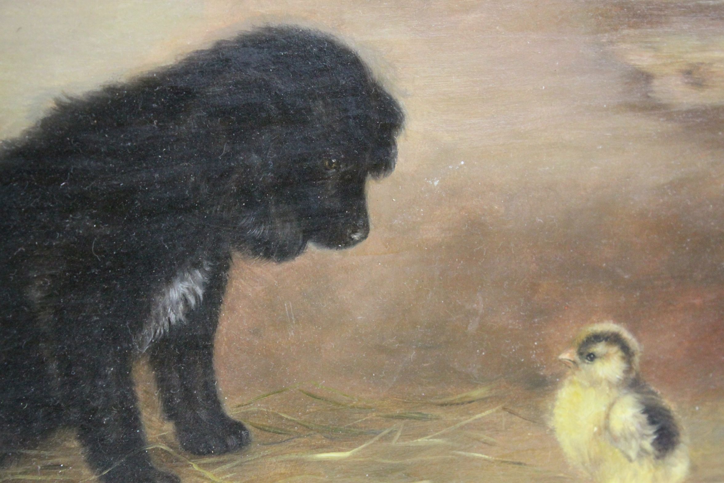 Unframed Oil on board of a Dog & Chick, unsigned, measures approx 35.5 x 25.5cm - Image 3 of 3