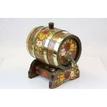 Brass bound Oak Barrel & stand with Brass tap, both with hand painted Floral decoration, barrel