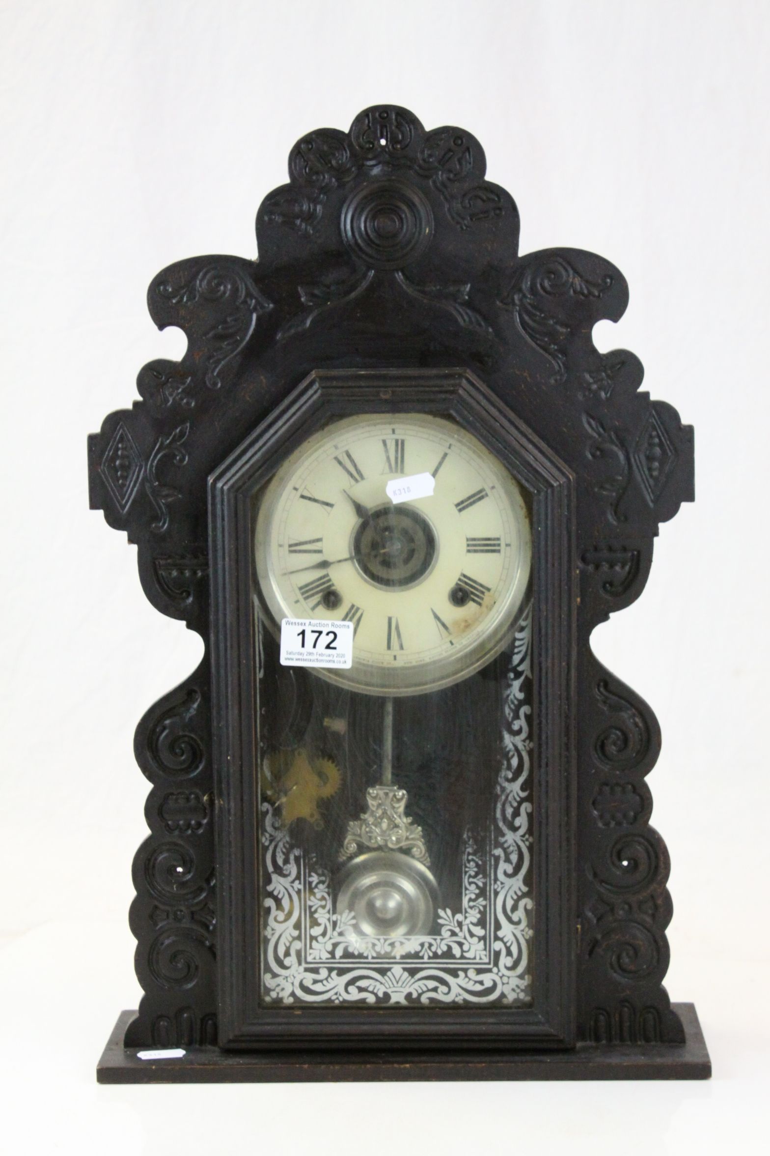 Ebonized American Mantle Clock with unusual striking movement, comes with pendulum & key, case