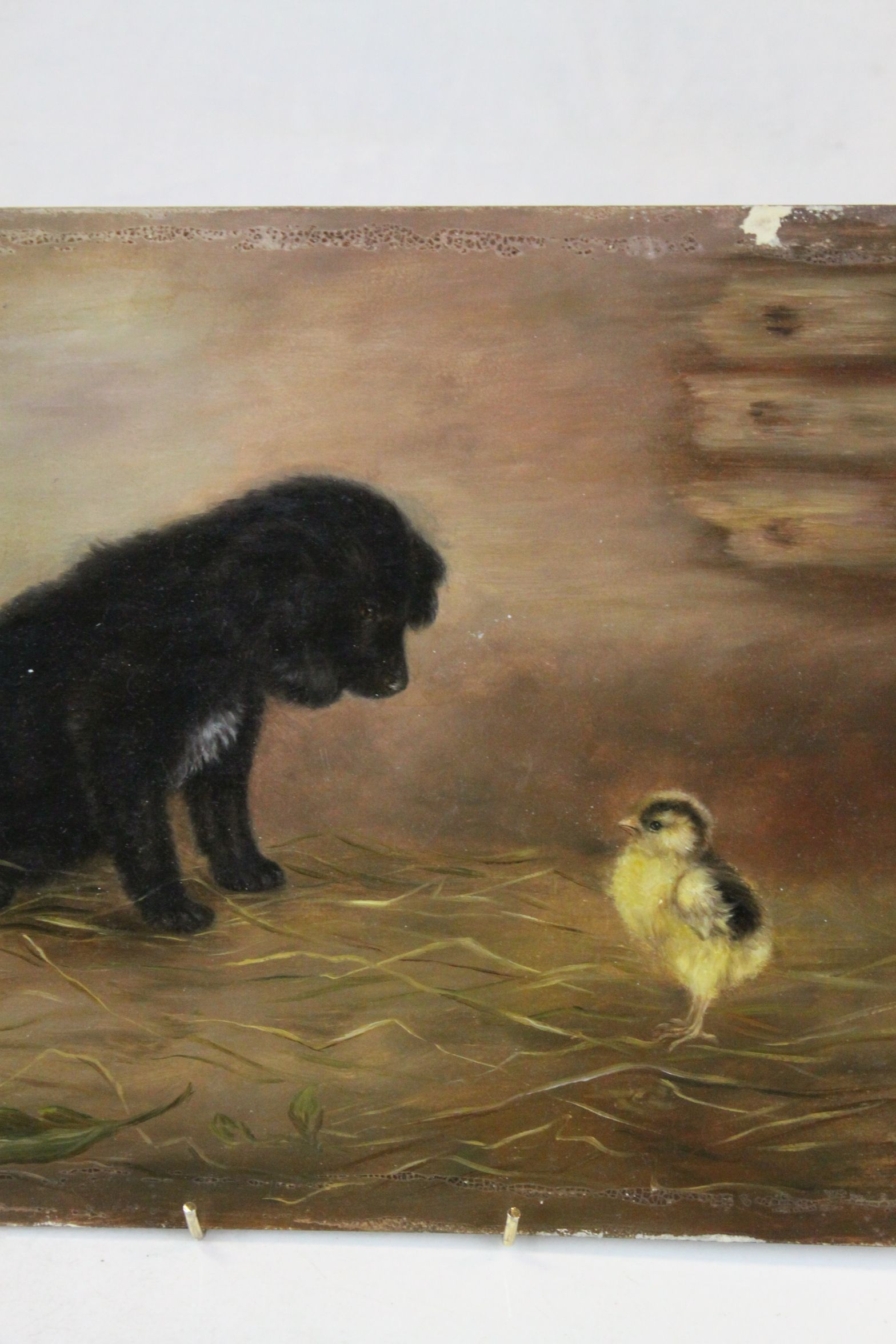 Unframed Oil on board of a Dog & Chick, unsigned, measures approx 35.5 x 25.5cm - Image 2 of 3