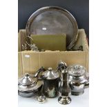 Quantity of silver plated items to include teaset, condiments, egg cup & stand, trays etc together