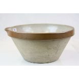 Large Vintage French Stoneware Dairy Bowl with Pouring Spout, impressed 13 to base, 38cms diameter