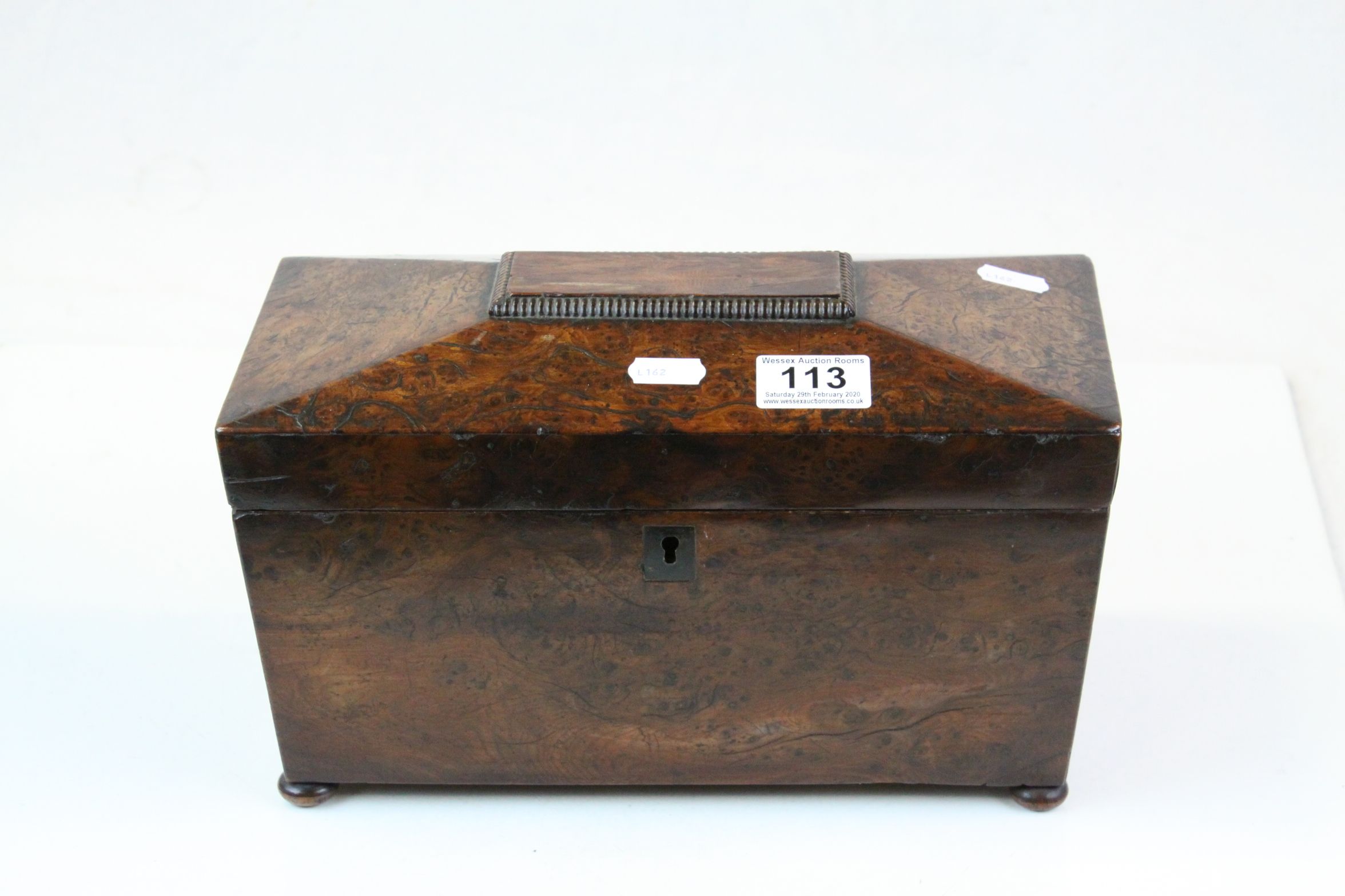 Burr Walnut veneered sarcophagus style twin compartment Tea Caddy with Glass mixing bowl & on bun - Image 5 of 5