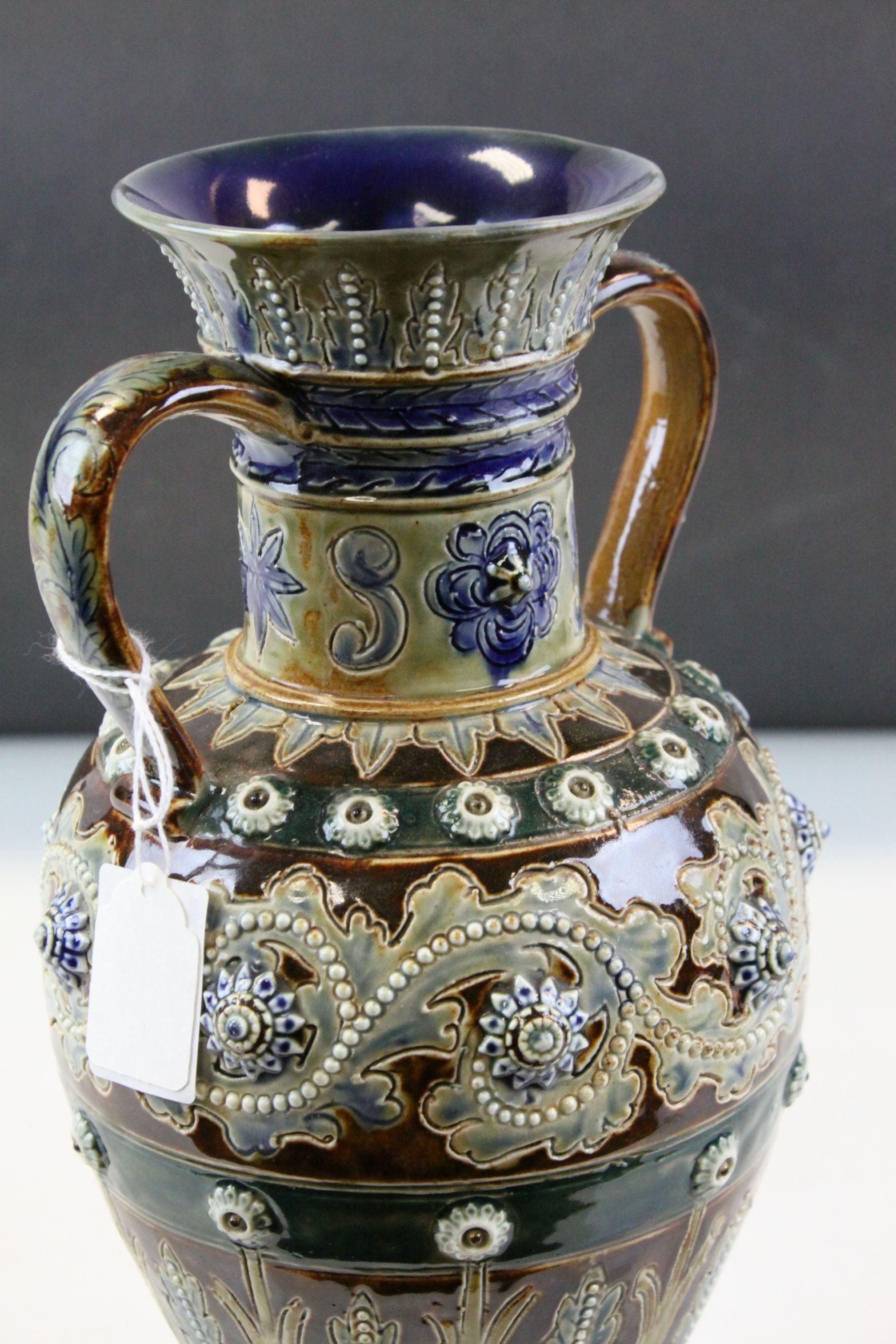 Doulton Lambeth Glazed twin handled Stoneware vase 1874 with incised & applied Floral decoration, - Image 3 of 9