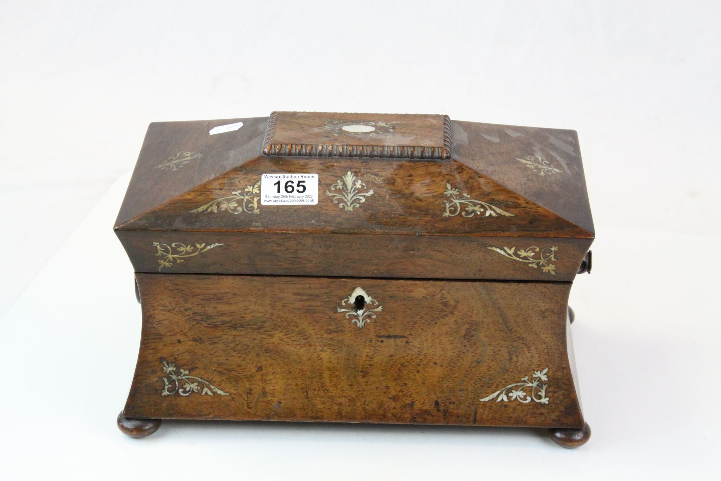 Sarcophagus style Rosewood twin compartment Tea Caddy with Mother of Pearl inlay & on bun feet, - Image 2 of 6
