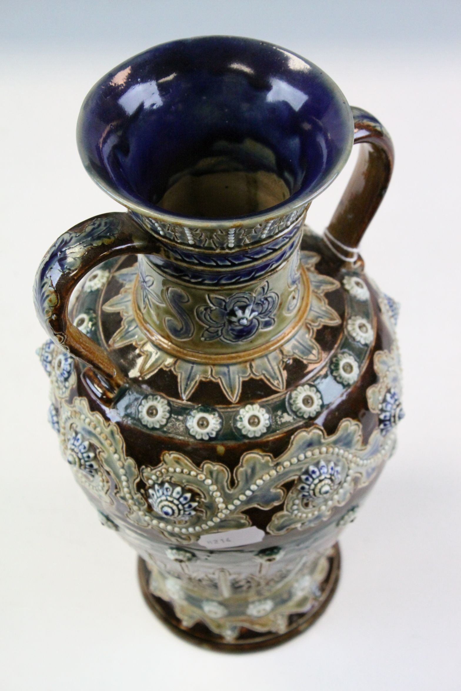 Doulton Lambeth Glazed twin handled Stoneware vase 1874 with incised & applied Floral decoration, - Image 5 of 9