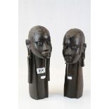 Pair of African tribal carved busts, man and woman