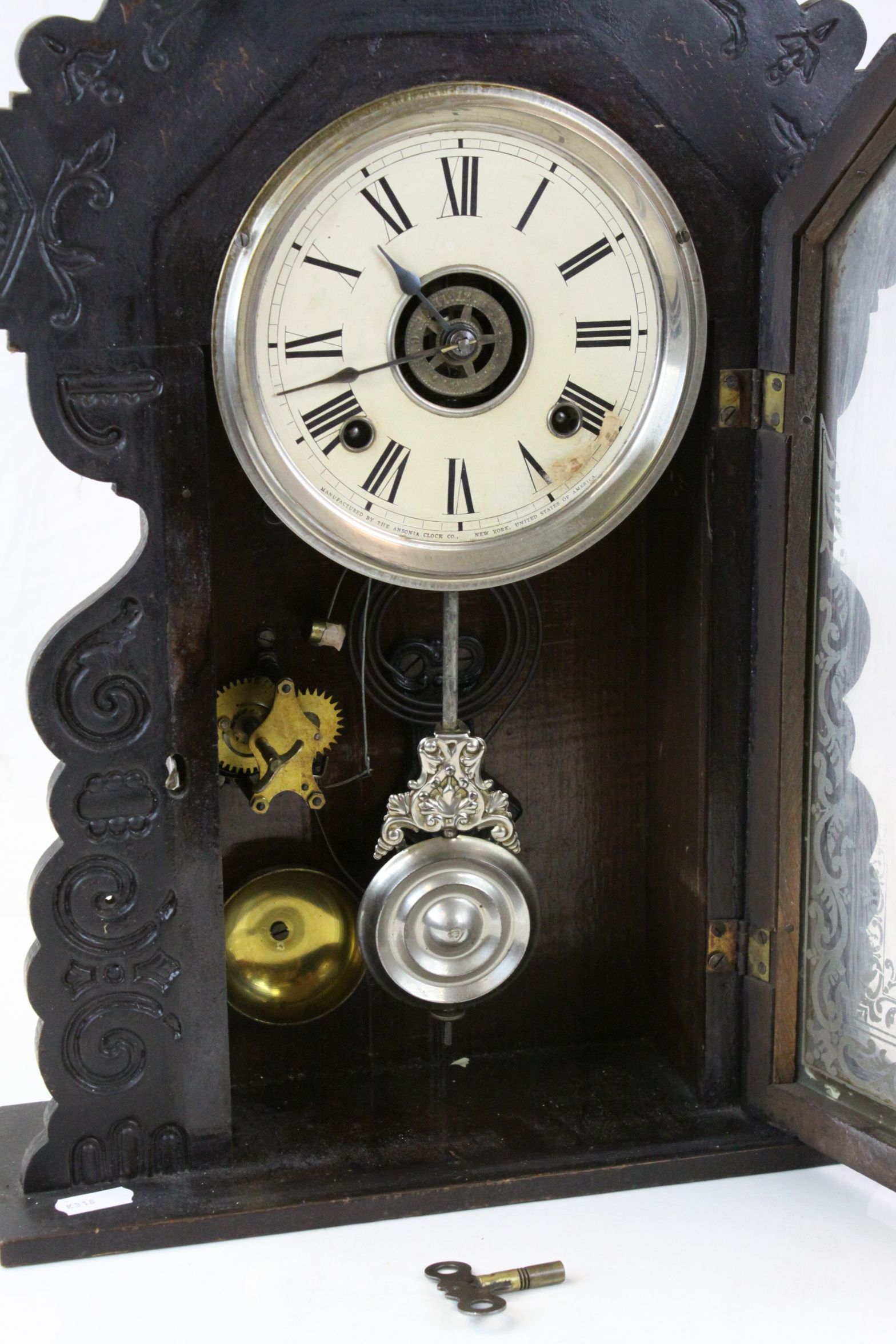 Ebonized American Mantle Clock with unusual striking movement, comes with pendulum & key, case - Image 2 of 3