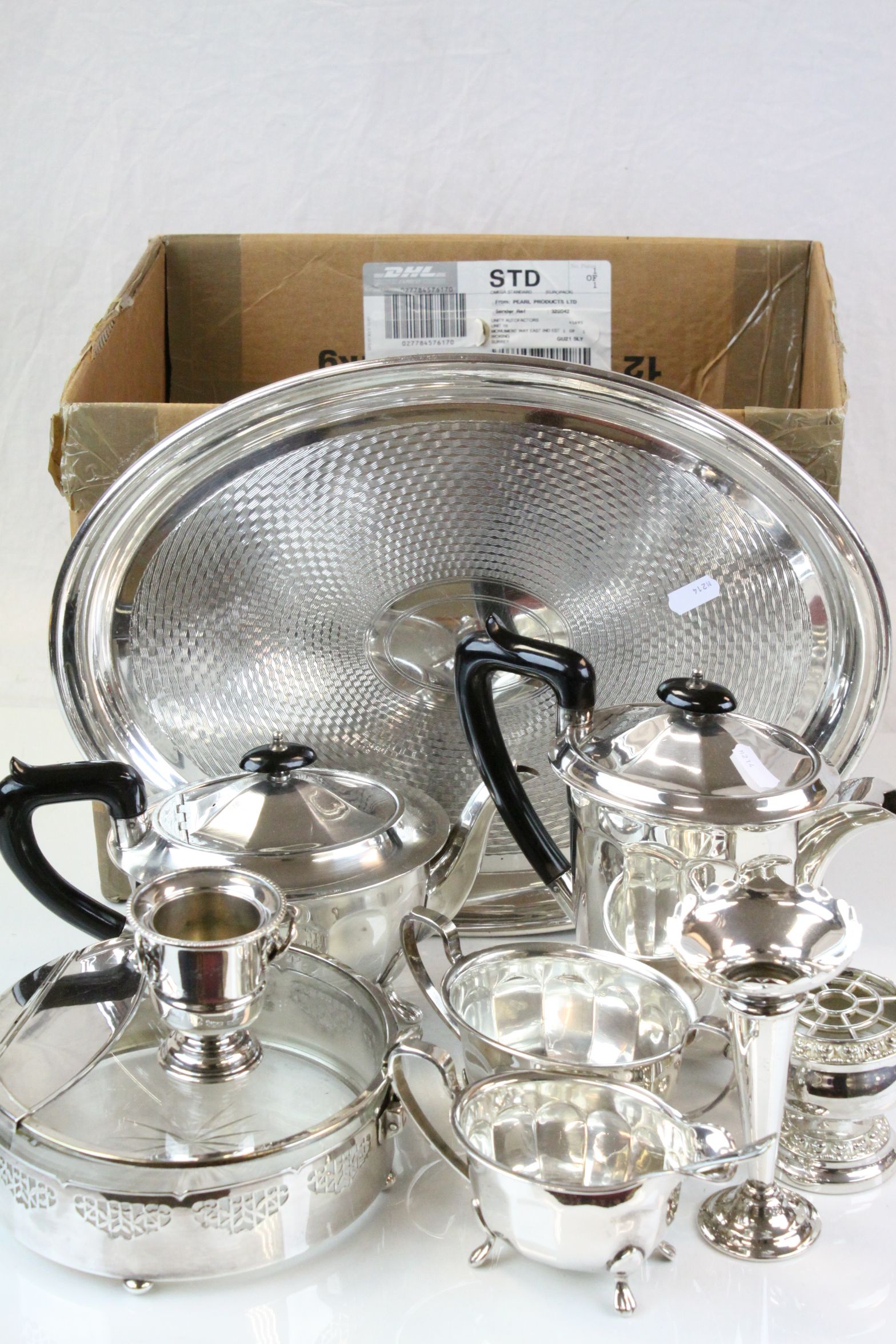 Box of mixed Silver plate to include a three piece Tea & Coffee service etc