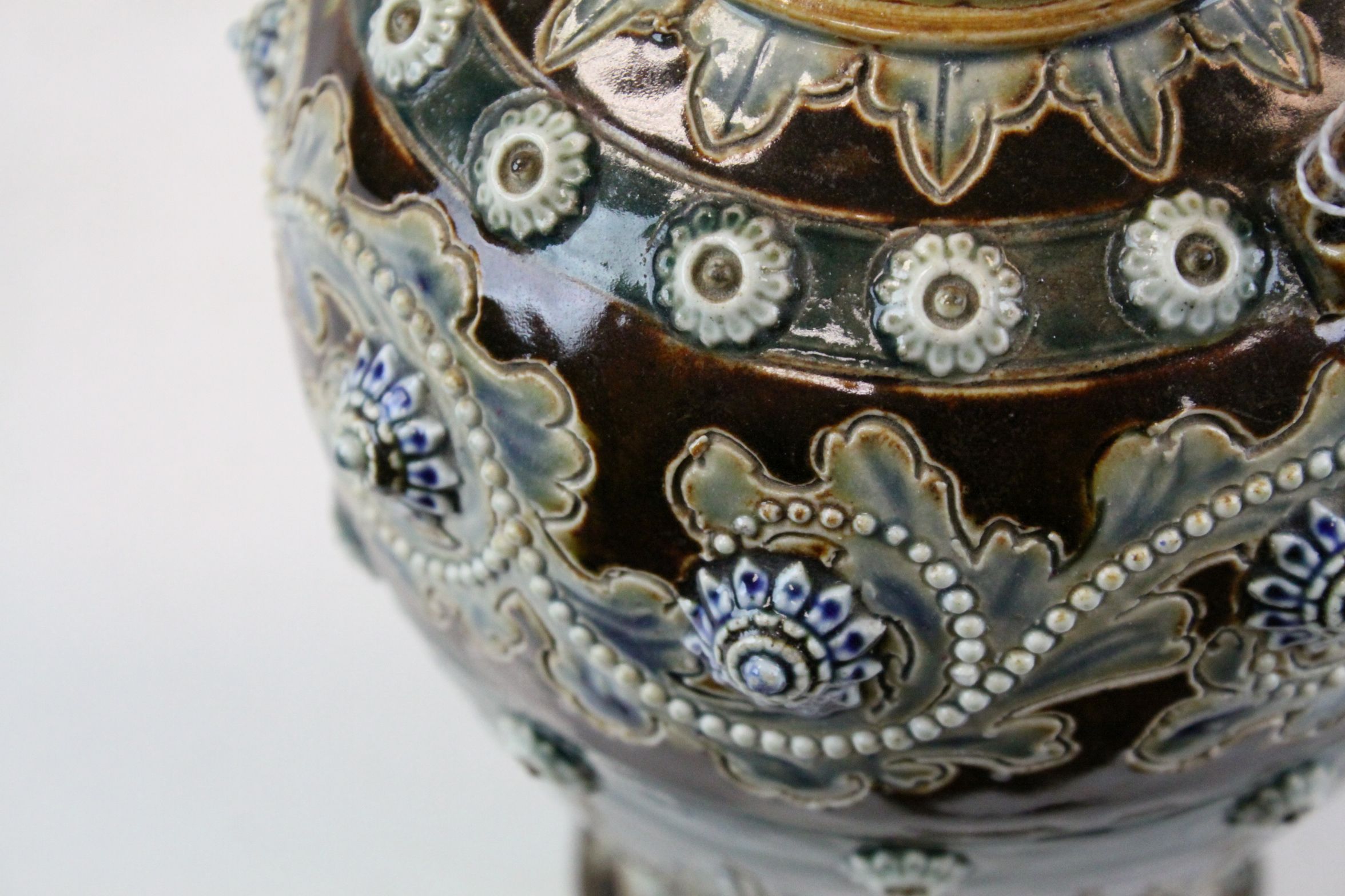 Doulton Lambeth Glazed twin handled Stoneware vase 1874 with incised & applied Floral decoration, - Image 8 of 9