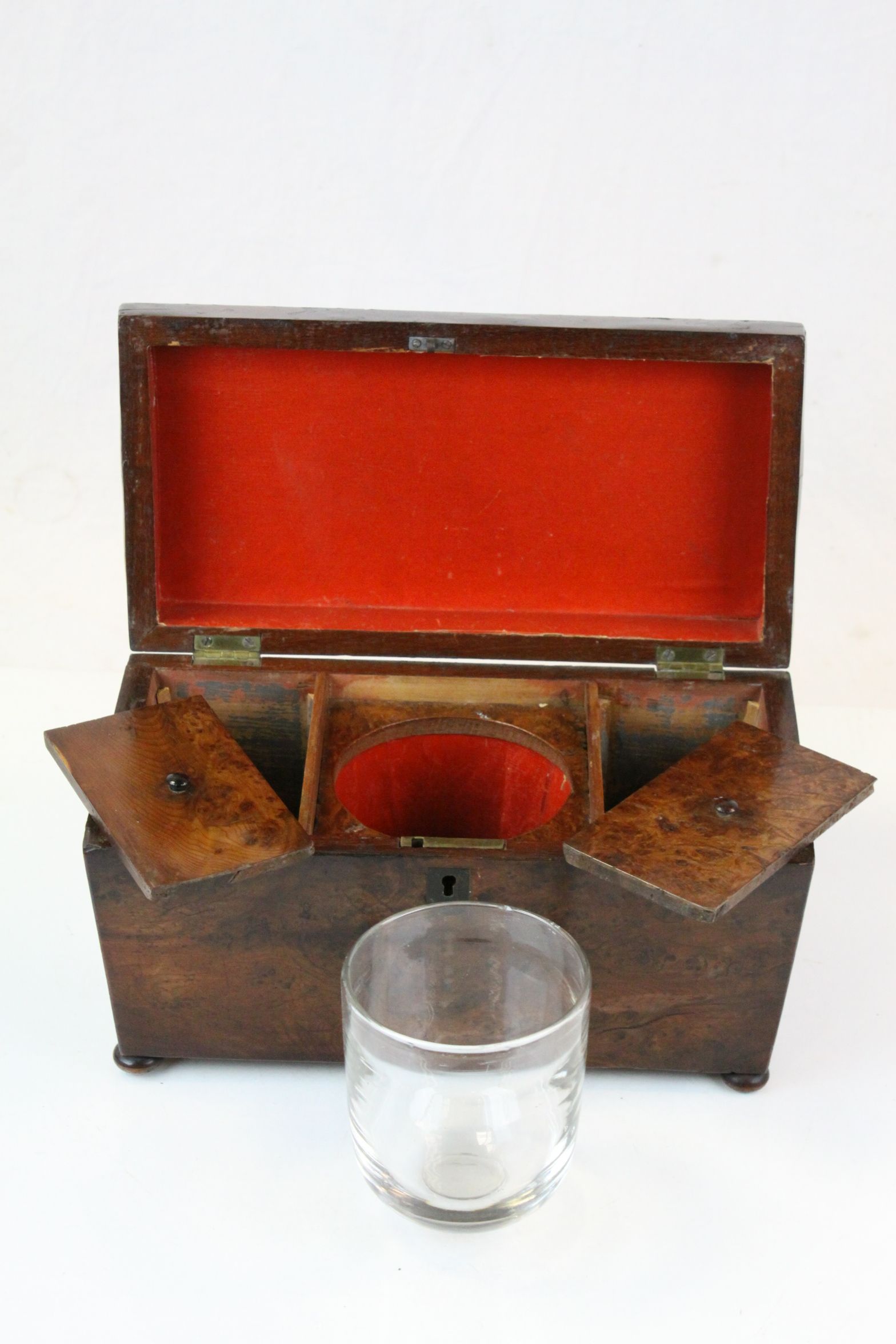 Burr Walnut veneered sarcophagus style twin compartment Tea Caddy with Glass mixing bowl & on bun - Image 3 of 5