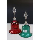 Large Cranberry Glass Bell with Clear Glass Fluted Handle, 32cms high together with a similar
