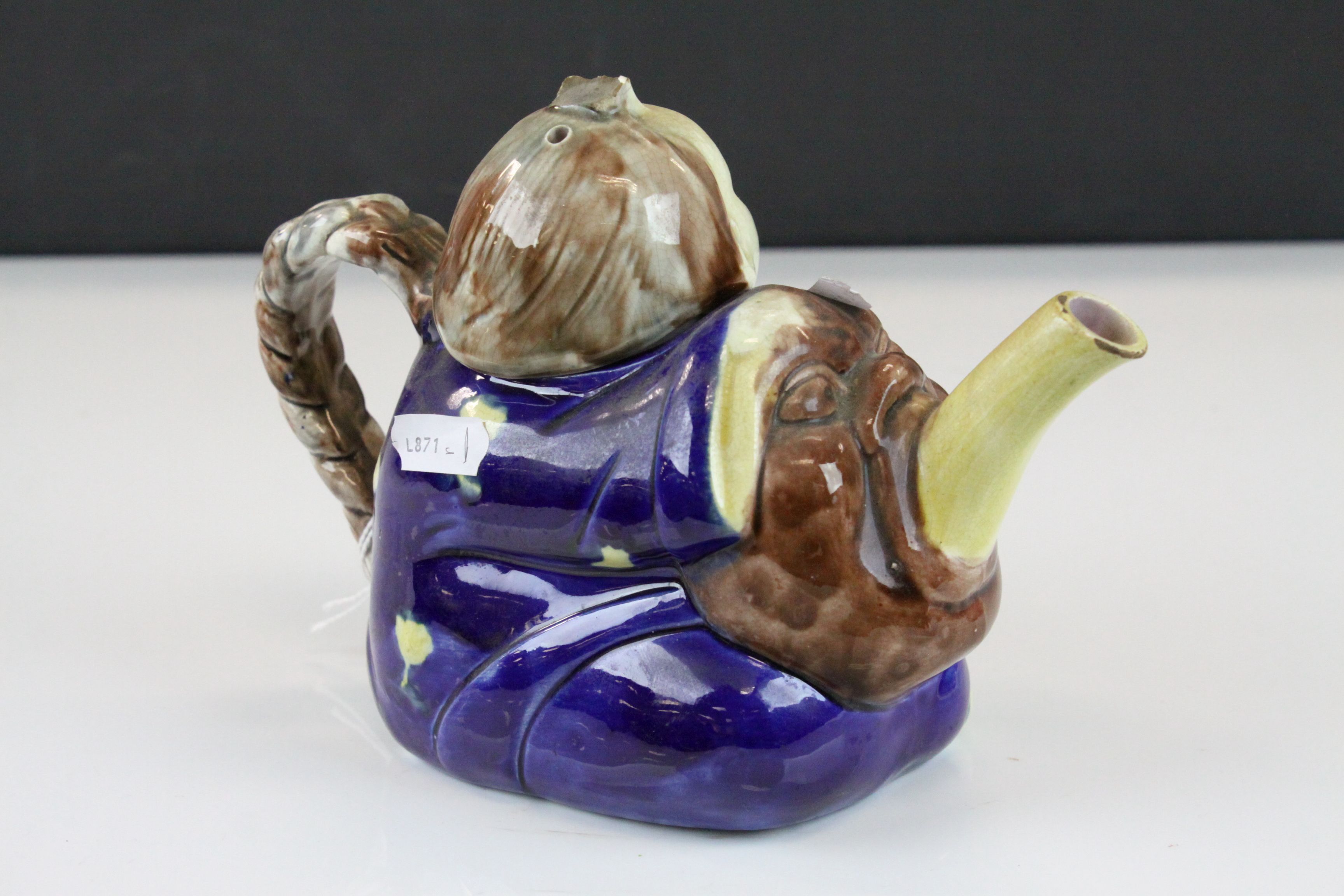 Majolica Teapot, designed as an Oriental figure, approx 21.5cm long, marked "A" to base - Image 2 of 6