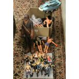 Box of Action Man, Captain Scarlet remote control car, Star Wars Chewbacca figure etc