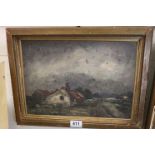 Gilt framed oil on panel country scene with cottage and farmhouse, inscribed on verso