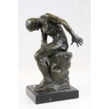 Bronze sculpture of a posed nude seated on a rock, signed B.C Zheng mounted on a plinth