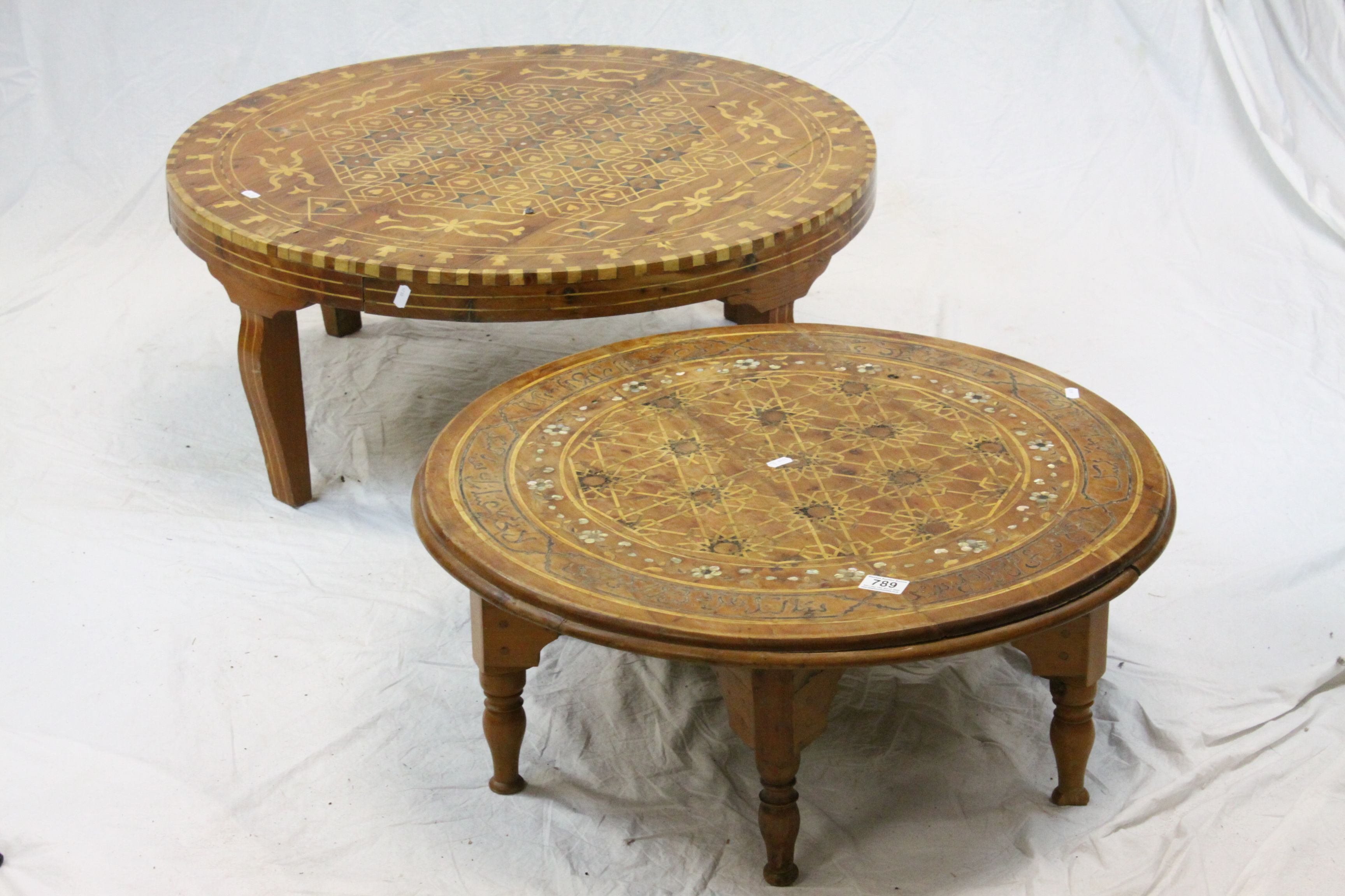 Two Middle Eastern Mother of Pearl Inlaid Circular Coffee Tables, 71cms diameter and 82cms diameter