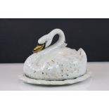 19th century Staffordshire Pottery Swan on Nest Cheese Dish and Cover, white glazed with painted and