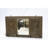 Vintage brass hall mirror with four coat hooks