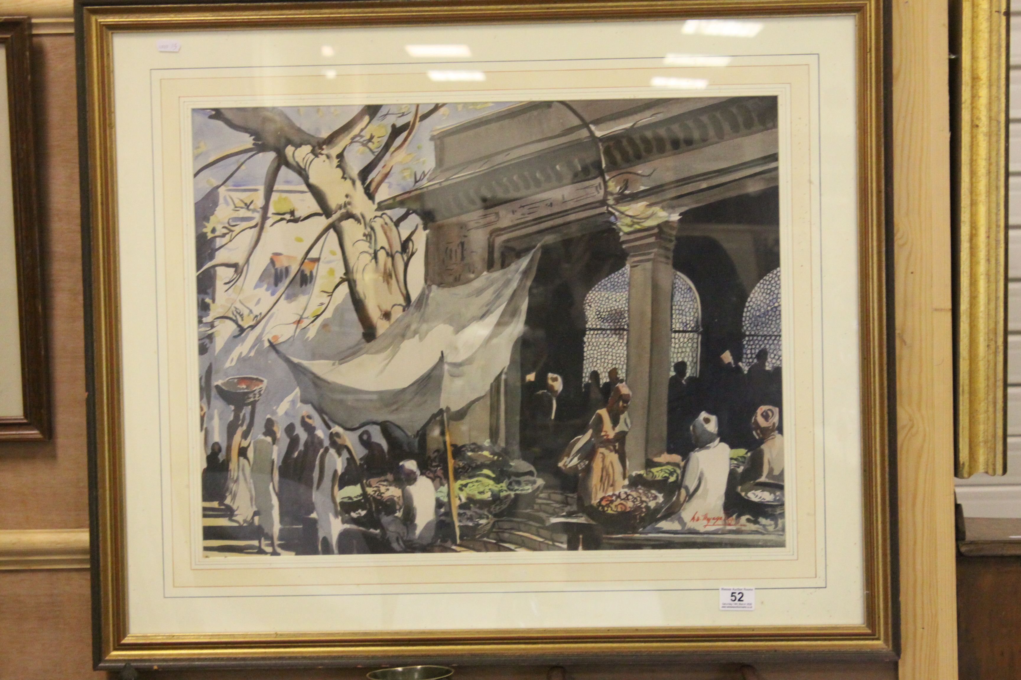 Thyagaras large watercolour market scene with figures, signed