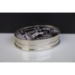 Silver pill box with enamel lid depicting Charlie Chaplin and his dog
