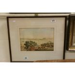 Late 19th century framed watercolour, estuary scene with tall ships, figures and horses to