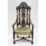 Victorian Oak Carolean Style High Back Elbow Chair with Carved Pierced Crestrail and Splat,