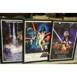 Three framed Star Wars posters, Star Wars, Return of the Jedi & Empire Strikes Back, each signed