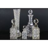 Pair of cut glass perfume bottles, one other cut glass bottle, cut glass decanter & similar vase (