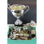 Collection of Silver Plate and Metalware including a Large Trophy, Spelter Dog on Onyx Bowl, Canons.