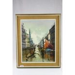 Mid 20th century Impressionist Oil on Canvas of Venetian Gondolas, signed, 39cms x 49cms, framed