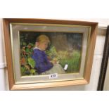 Rita Greig, 20th century portrait of a seated girl with flowers, initialled 'RG' with artist